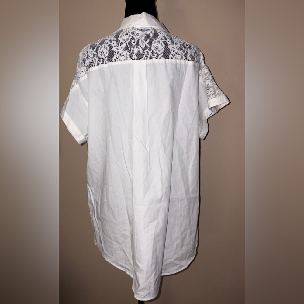 Karl Lagerfeld NWT Blue and White Striped Shirt with Lace Detail at Collar - Picture 7 of 7